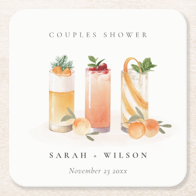 Elegant Cute Fruit Cocktail Orange Couples Shower Square Paper Coaster (Front)