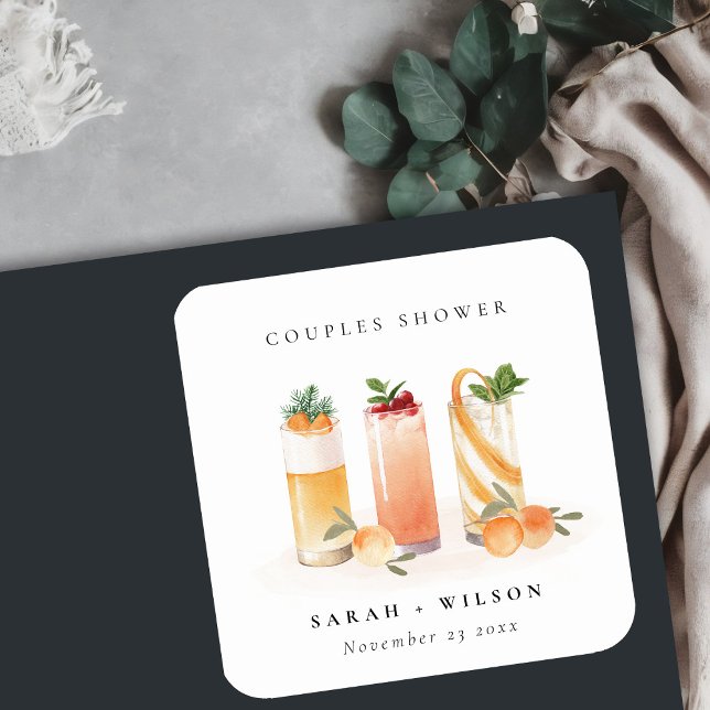 Elegant Cute Fruit Cocktail Orange Couples Shower Square Sticker (Creator Uploaded)