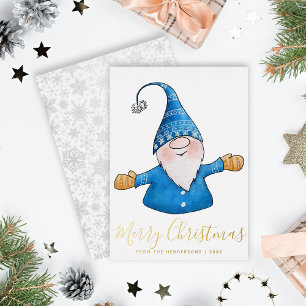 Elegant Cute Gnome Blue Gold Merry Christmas