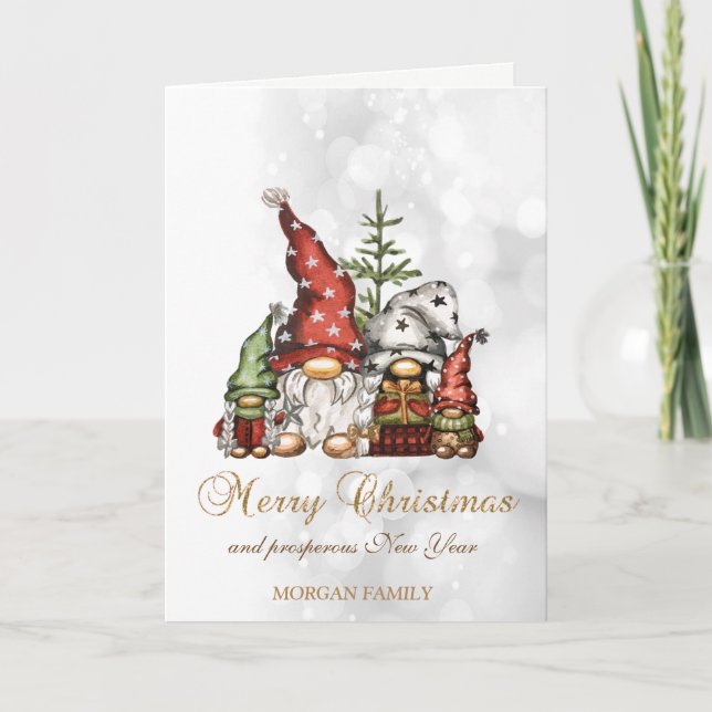 Elegant Cute Gnomes Family Bokeh   Holiday Card (Front)