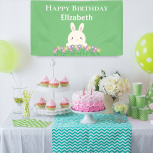 Elegant Cute Kawaii Bunny & Flowers Happy Birthday Banner
