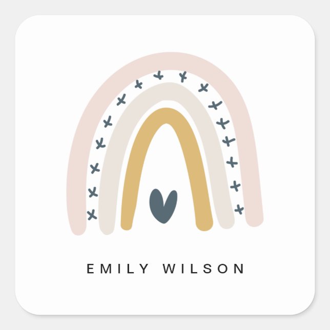ELEGANT CUTE MUTED BLUSH OCHRE NAVY HEART RAINBOW SQUARE STICKER (Front)