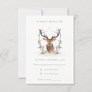 Elegant Cute Pastel Deer Floral Crest Wedding RSVP Card