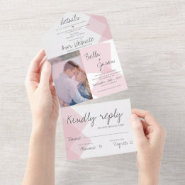 Elegant Cute Pastel Pink  Monogram Photo Wedding All In One Invitation