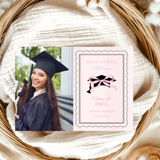 Elegant Cute Photo Pink Coquette  Bow Graduation Announcement (Creator Uploaded)