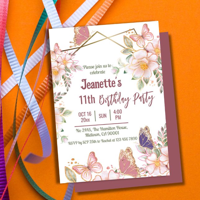 Elegant cute pink floral butterfly 11th birthday  invitation (Front/Back )