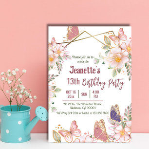 Elegant cute pink floral butterfly 13th birthday invitation