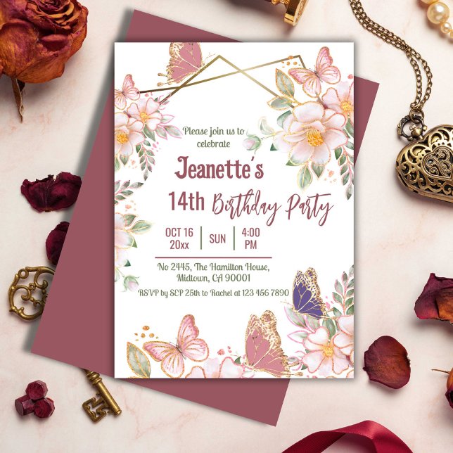 Elegant cute pink floral butterfly 14th birthday  invitation (Front/Back )