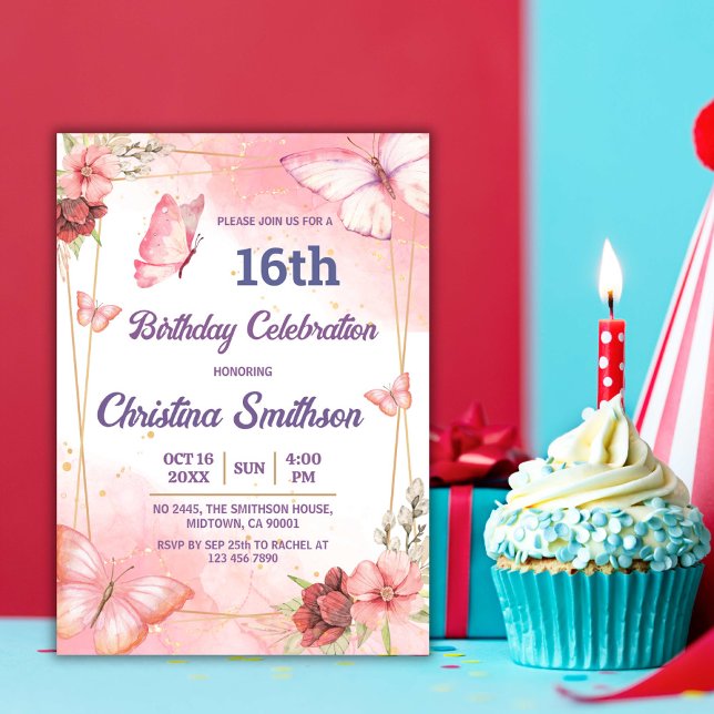 Elegant cute pink floral butterfly 16th birthday invitation (Creator Uploaded)