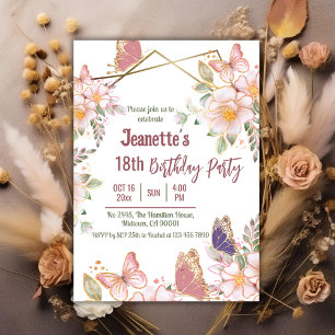 Elegant cute pink floral butterfly 18th birthday  invitation