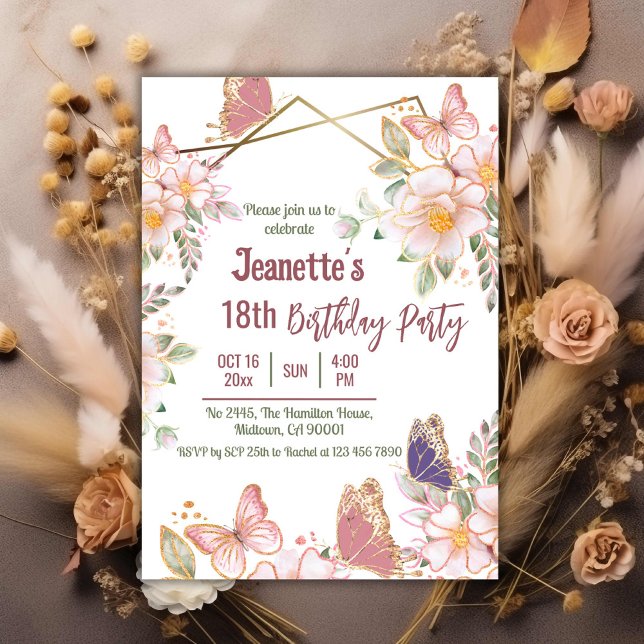 Elegant cute pink floral butterfly 18th birthday  invitation (Creator Uploaded)