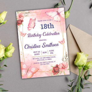 Elegant cute pink floral butterfly 18th birthday invitation