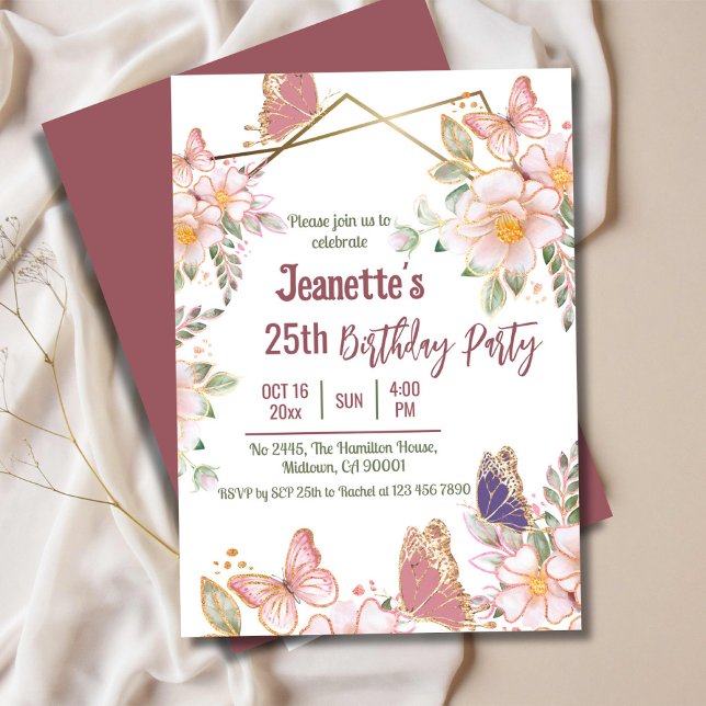 Elegant cute pink floral butterfly 25th birthday invitation (Creator Uploaded)