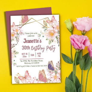 Elegant cute pink floral butterfly 30th birthday invitation