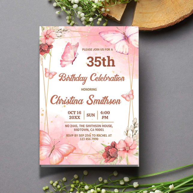 Elegant cute pink floral butterfly 35th birthday invitation (Creator Uploaded)