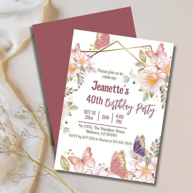 Elegant cute pink floral butterfly 40th birthday  invitation (Front/Back )