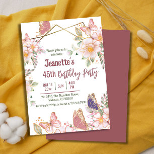Elegant cute pink floral butterfly 45th birthday invitation