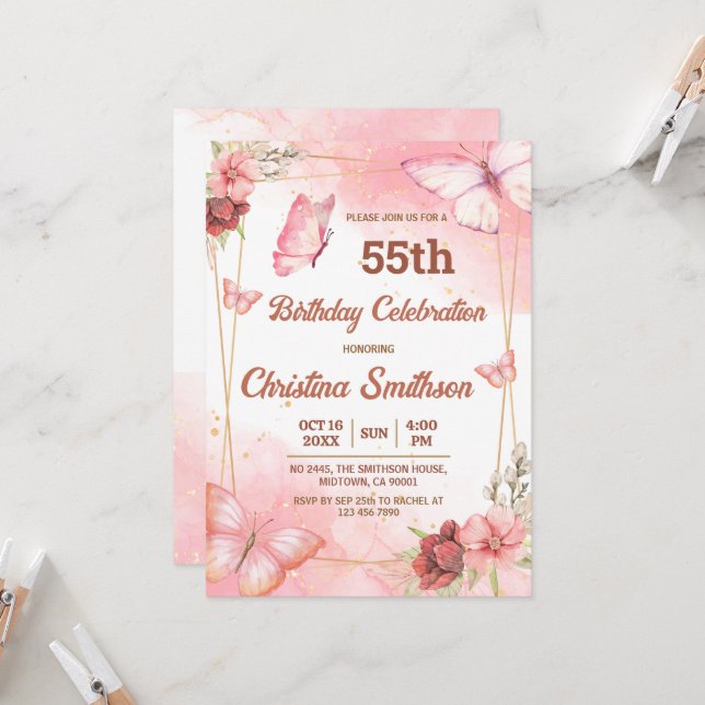 Elegant cute pink floral butterfly 55th birthday invitation (Front/Back In Situ)