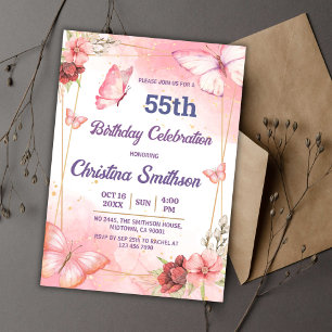 Elegant cute pink floral butterfly 55th birthday invitation