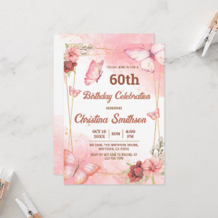 Elegant cute pink floral butterfly 60th birthday invitation