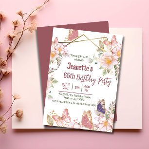 Elegant cute pink floral butterfly 65th birthday  invitation