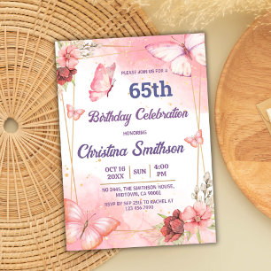 Elegant cute pink floral butterfly 65th birthday invitation