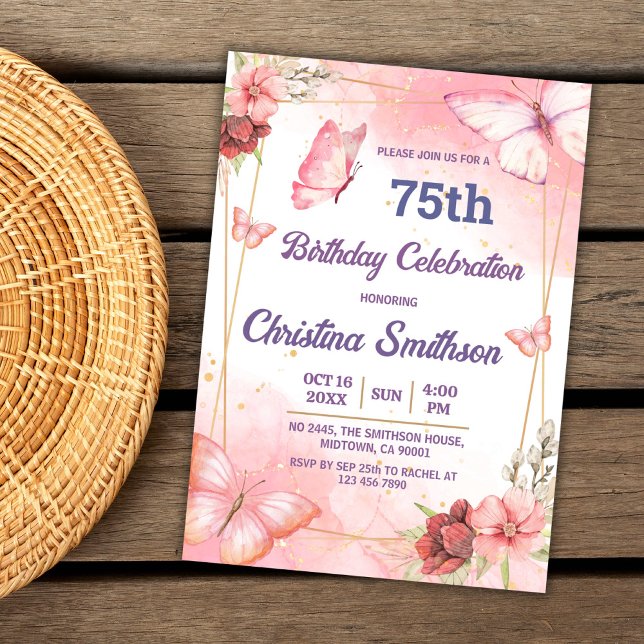 Elegant cute pink floral butterfly 75th birthday invitation (Creator Uploaded)