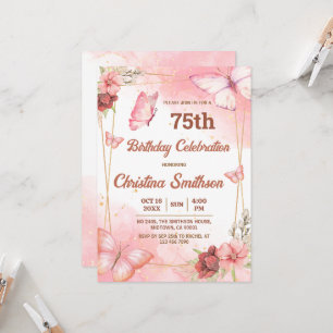 Elegant cute pink floral butterfly 75th birthday invitation