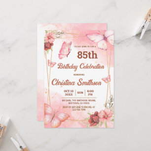 Elegant cute pink floral butterfly 85th birthday invitation