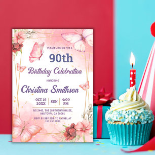 Elegant cute pink floral butterfly 90th birthday invitation