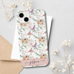 Elegant Cute Pink Floral Wildflower Bird Custom Case-Mate iPhone 14 Plus Case
