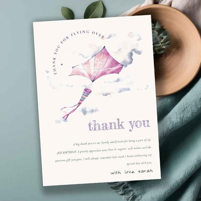 Elegant Cute Pink Flying Kite Sky Clouds Birthday Thank You Card (Creator Uploaded)
