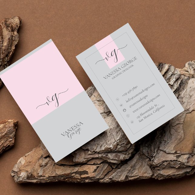 Elegant Cute Pink Grey  Modern Monogram Custom Business Card (Elegant Cute Pink Grey Modern Monogram Custom Business Card)