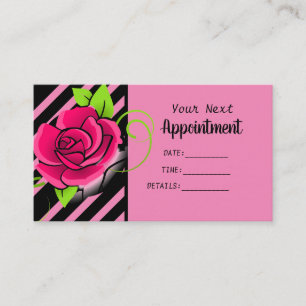Elegant & Cute Pink Rose Black Pink Striped Salon Appointment Card