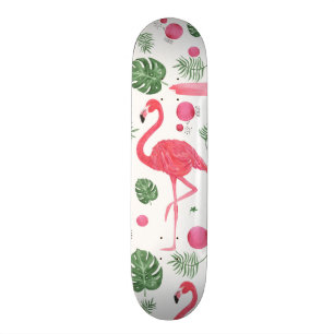 Elegant cute pink watercolor flamingo flowers skateboard