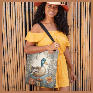 Elegant Cute Plump Duck Vintage Floral Tote Bag