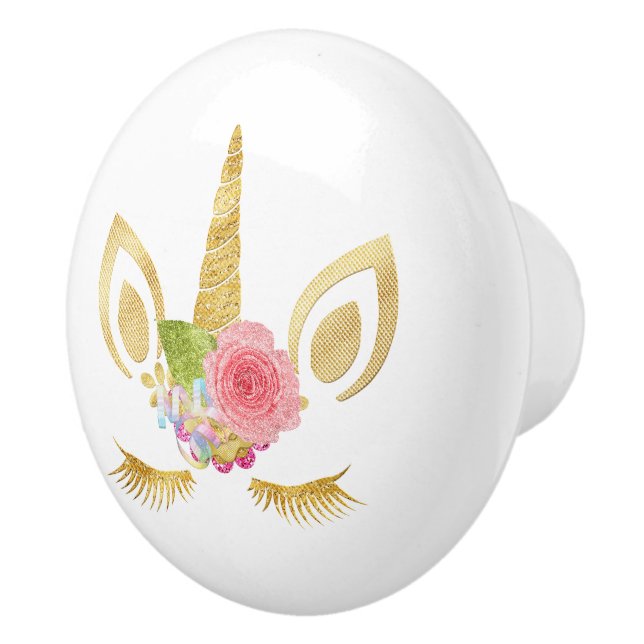 Elegant cute pretty floral gold glitter unicorn ceramic knob (Right)