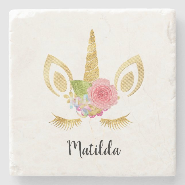 Elegant cute pretty floral gold glitter unicorn stone coaster (Front)