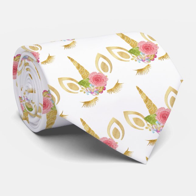 Elegant cute pretty floral gold glitter unicorn tie (Rolled)