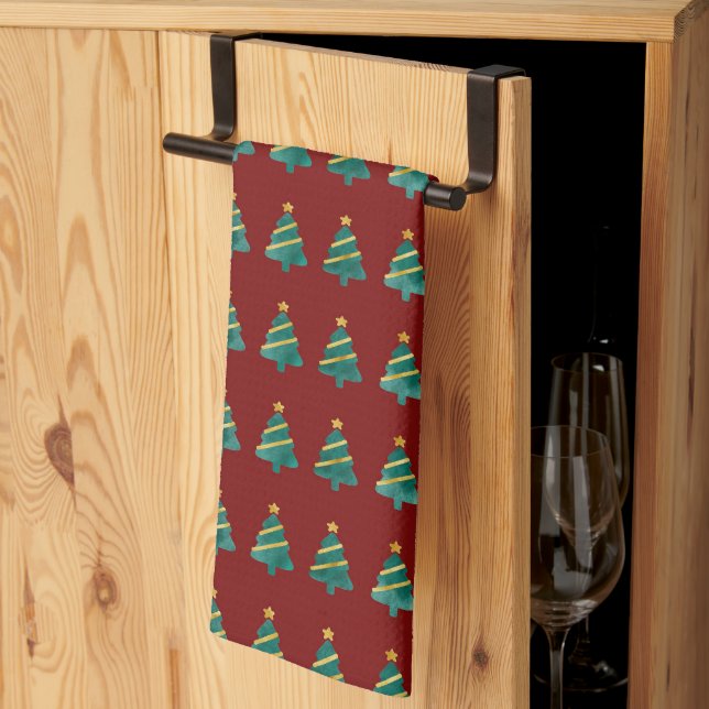 Elegant Cute Red and Green Christmas Pattern Tea Towel (Thirds Fold)