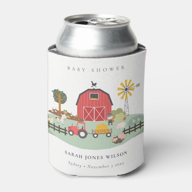 Elegant Cute Red Barnyard Farm Animal Baby Shower Can Cooler (Can Front)