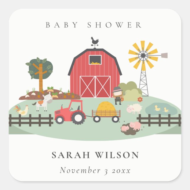 Elegant Cute Red Barnyard Farm Animal Baby Shower Square Sticker (Front)