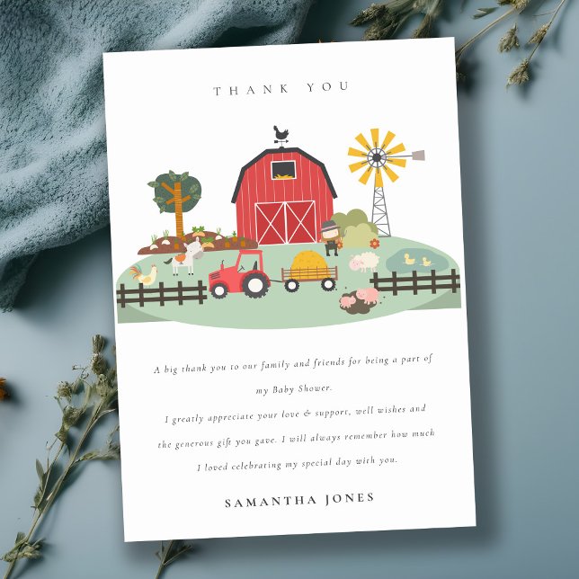 Elegant Cute Red Barnyard Farm Animal Baby Shower Thank You Card (Creator Uploaded)