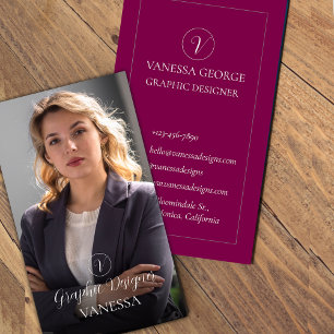 Elegant Cute Red Photo Modern Monogram Custom Business Card