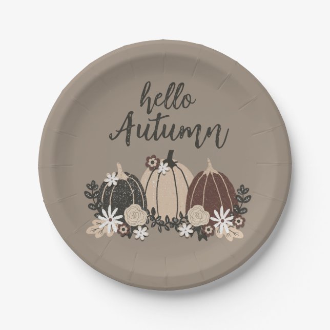 Elegant Cute Retro Autumn Black Pumpkins-Flowers Paper Plate (Front)