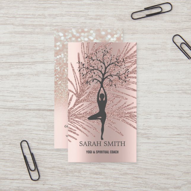 Elegant Cute Rose Gold Diamonds Yoga   Business Card (Front/Back In Situ)