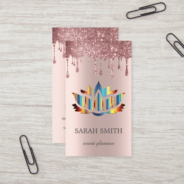 Elegant Cute Rose Gold  Drips Lotus Business  Business Card (Front/Back In Situ)