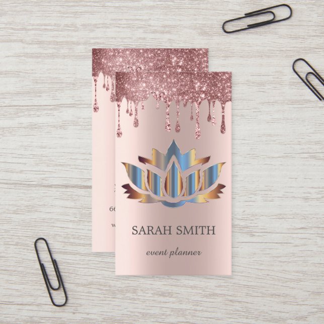 Elegant Cute Rose Gold  Drips Lotus  Business Card (Front/Back In Situ)