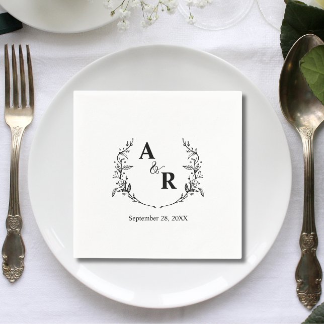 Elegant Cute Rustic Floral Wreath Wedding Initials Napkin (Elegant cute rustic floral wreath initials napkins add charming detail to your wedding table)