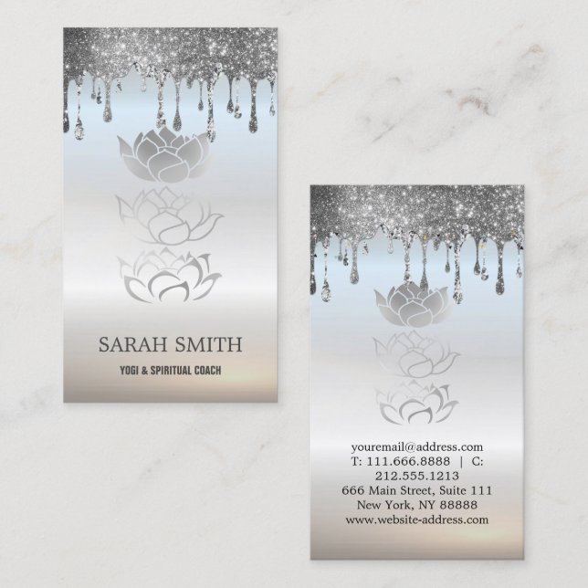 Elegant Cute Silver Drips   Lotus Business Card (Front/Back)